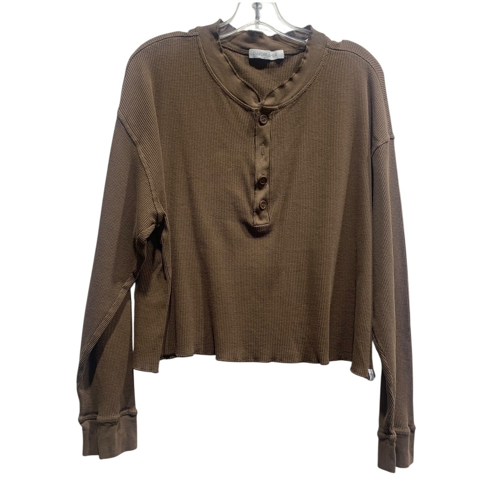 Daydreamer LA Brown Waffle Knit Long Sleeve Cropped Henley Top‎ sz SMALL